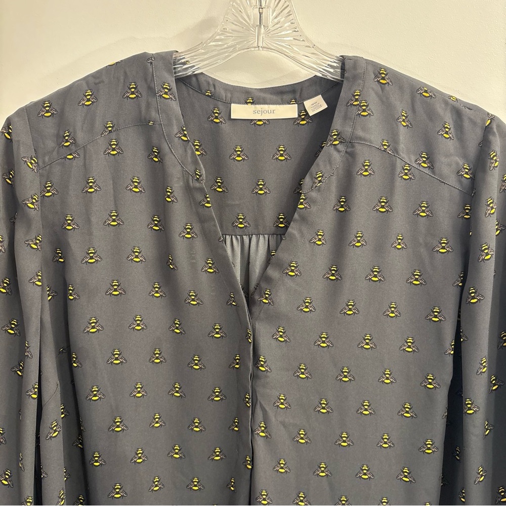 Sejour New Womens Novelty Bee Print Blouse Top Size 16W 3/4‎ Sleeve High Low Hem